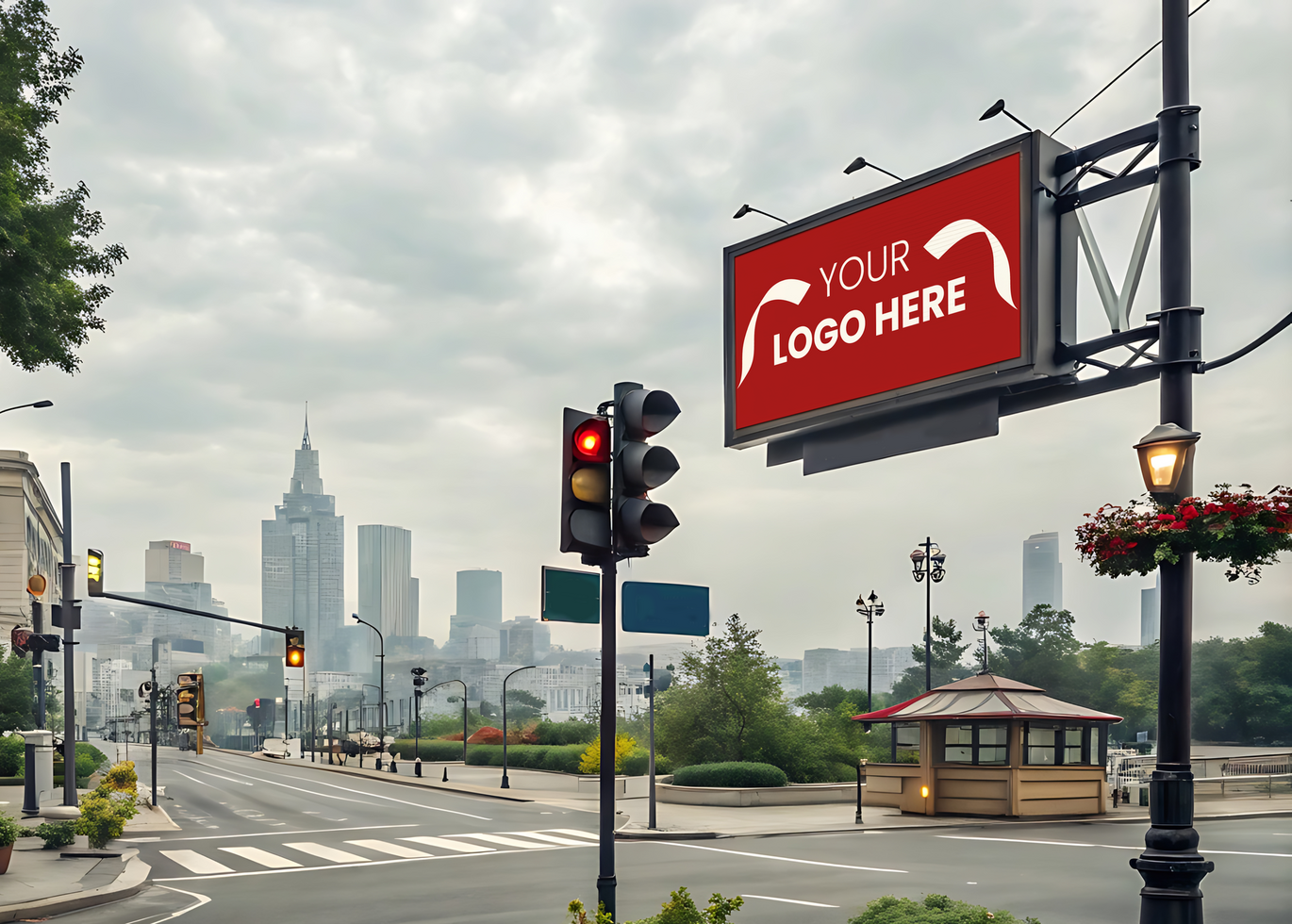 A red billboard on the side of a street psd
