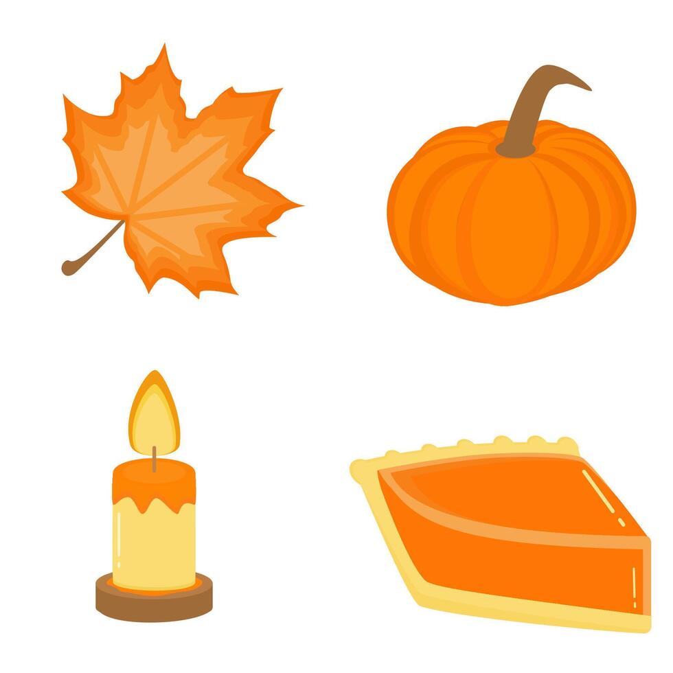 Autumn icon set featuring vibrant leaves, pumpkins, candles, and pie vector