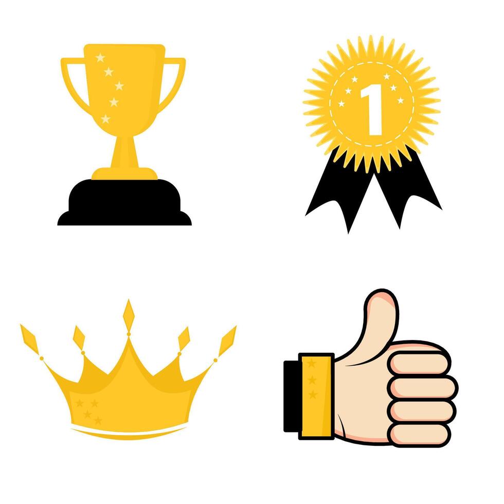 Gold trophy, gold crown, and thumb up vector