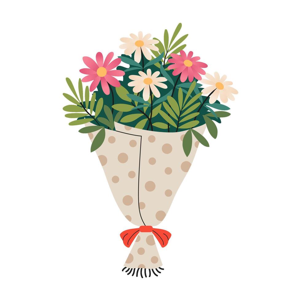 Bright bouquet with flowers. White and pink daisies. Happy Valentine's Day greeting card. Beautiful bouquet in wrapping paper, tied with red ribbon with bow. vector