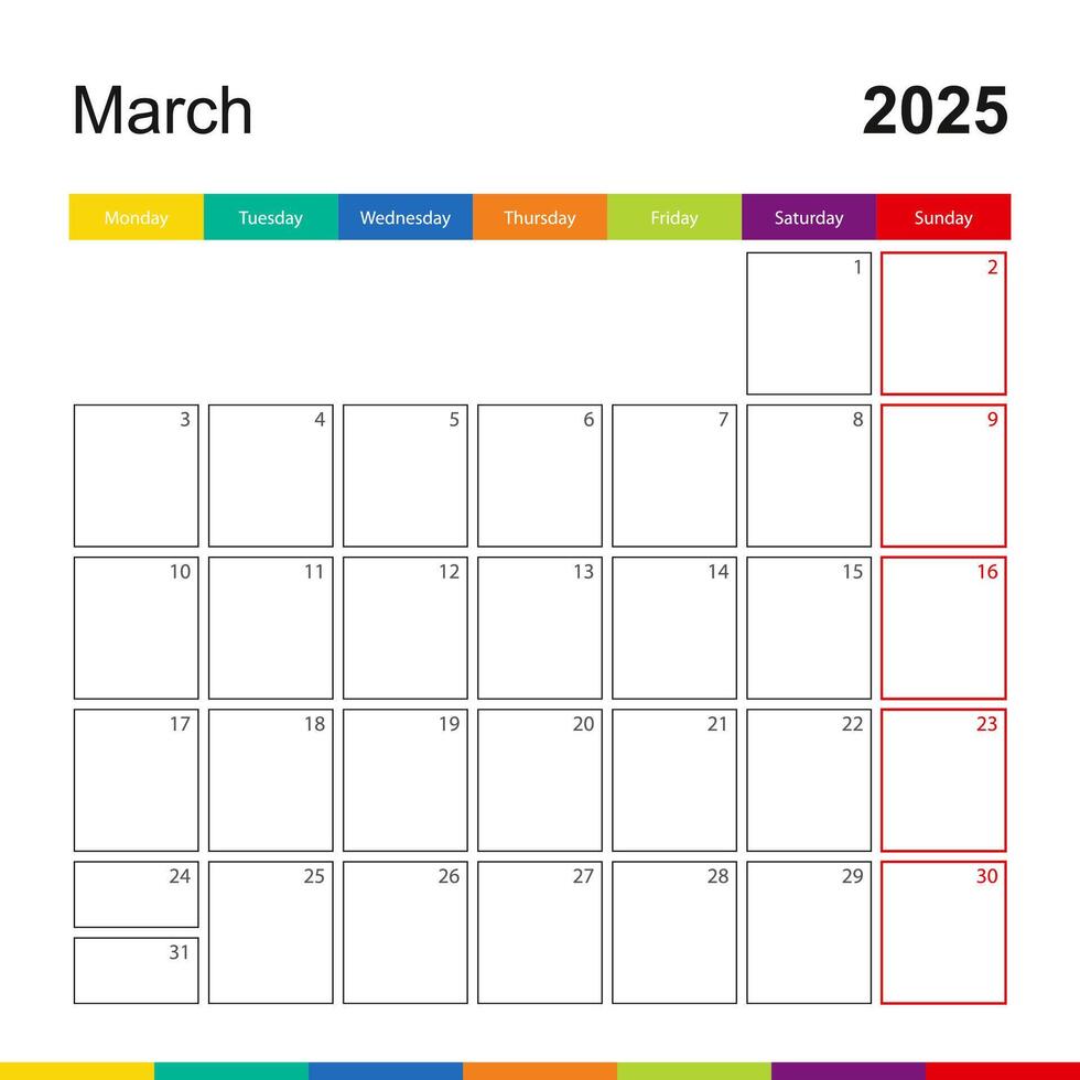 March 2025 colorful wall calendar, week starts on Monday. vector