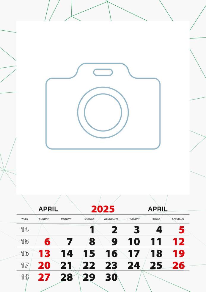 Wall calendar planner template for April 2025, week starts on sunday. vector