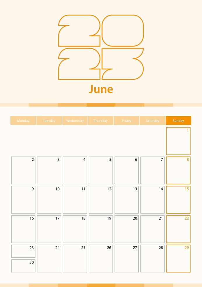 Modern vertical calendar sheet for June 2025, planner in English. vector
