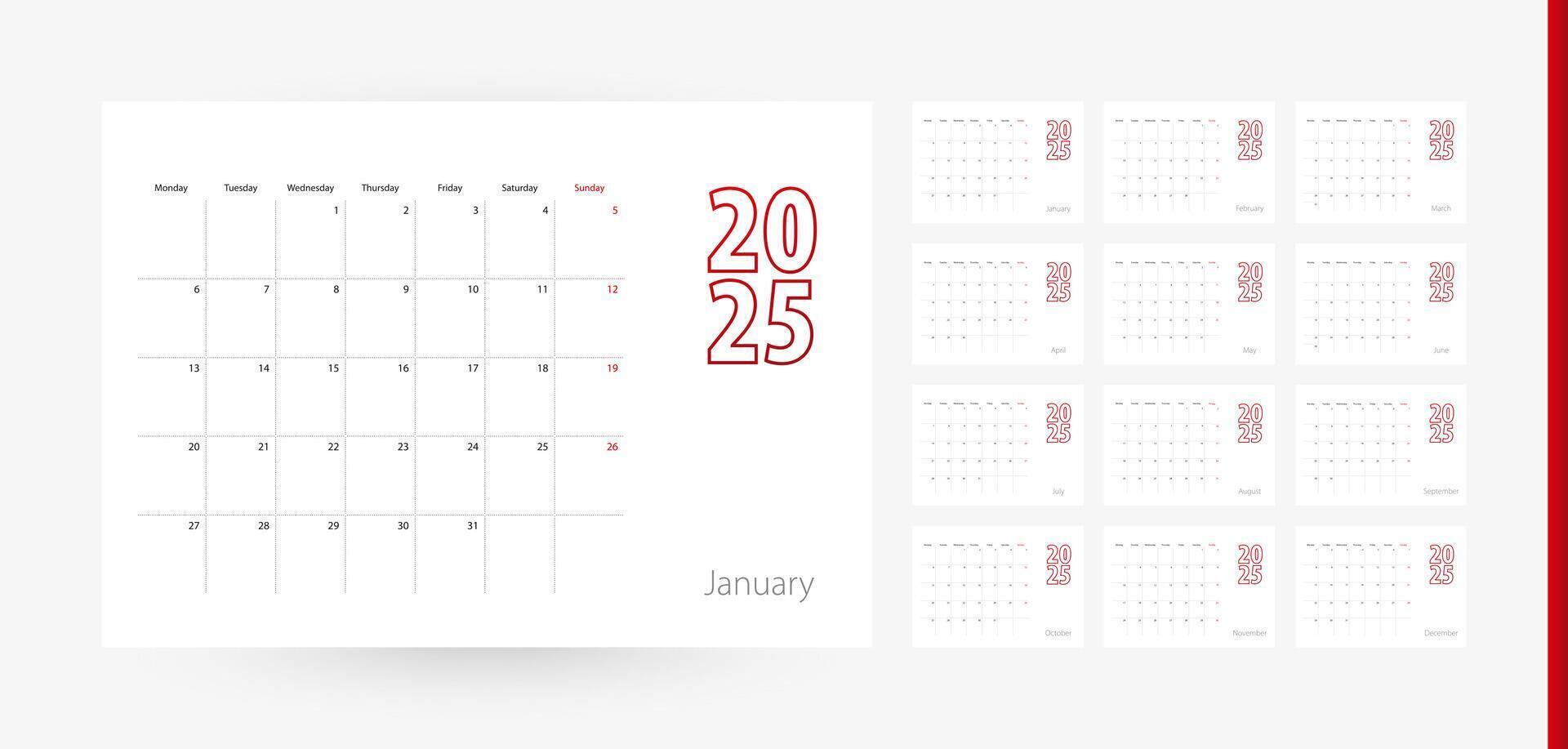 Calendar 2025 in modern design, planner template. vector
