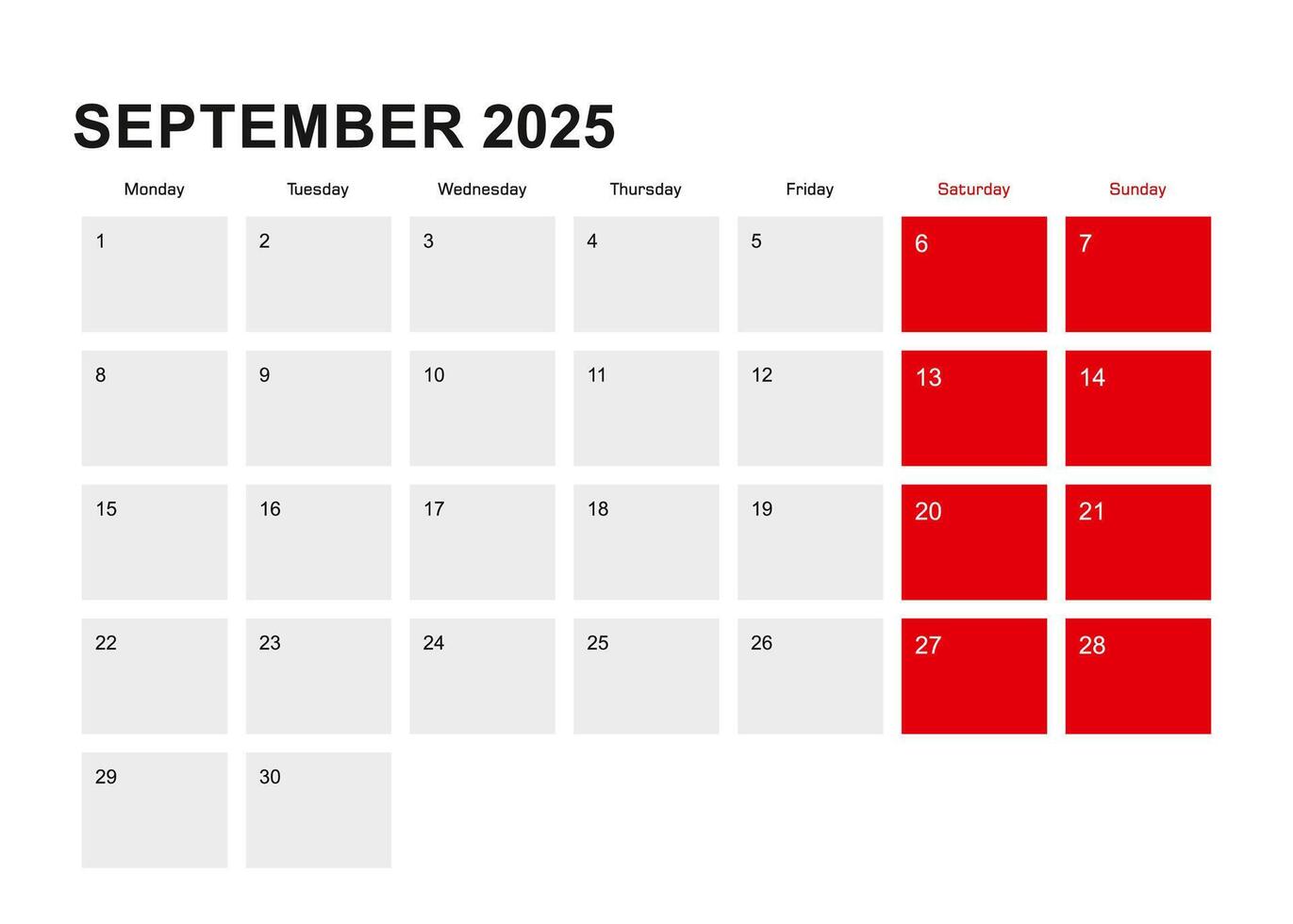 2025 September planner calendar design. Week starts from Monday. vector