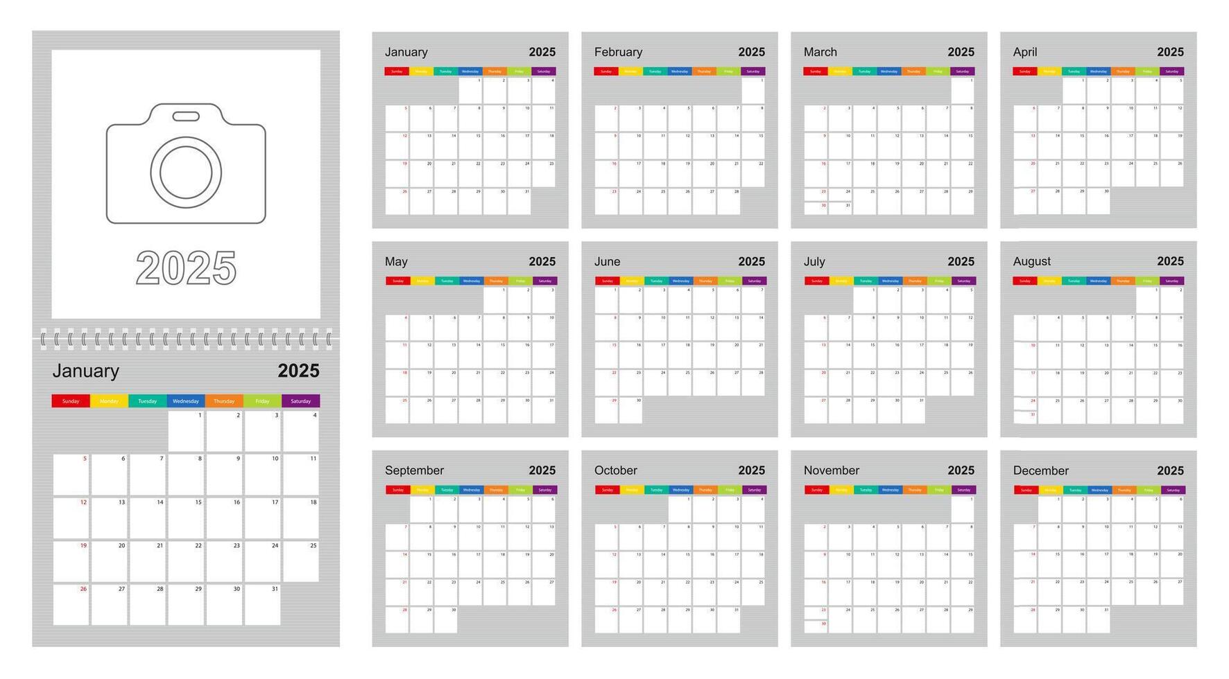 Calendar 2025 colorful design, set of 12 wall planner calendar pages on gray background. Week starts on Sunday. vector