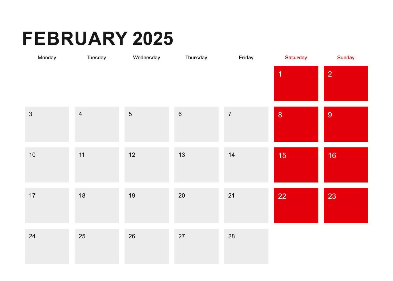 2025 February planner calendar design. Week starts from Monday. vector