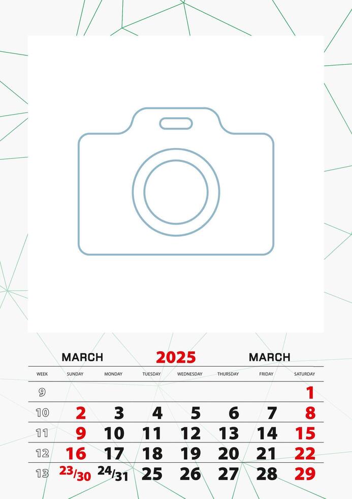 Wall calendar planner template for March 2025, week starts on sunday. vector