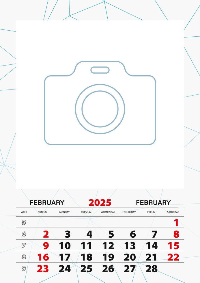 Wall calendar planner template for February 2025, week starts on sunday. vector