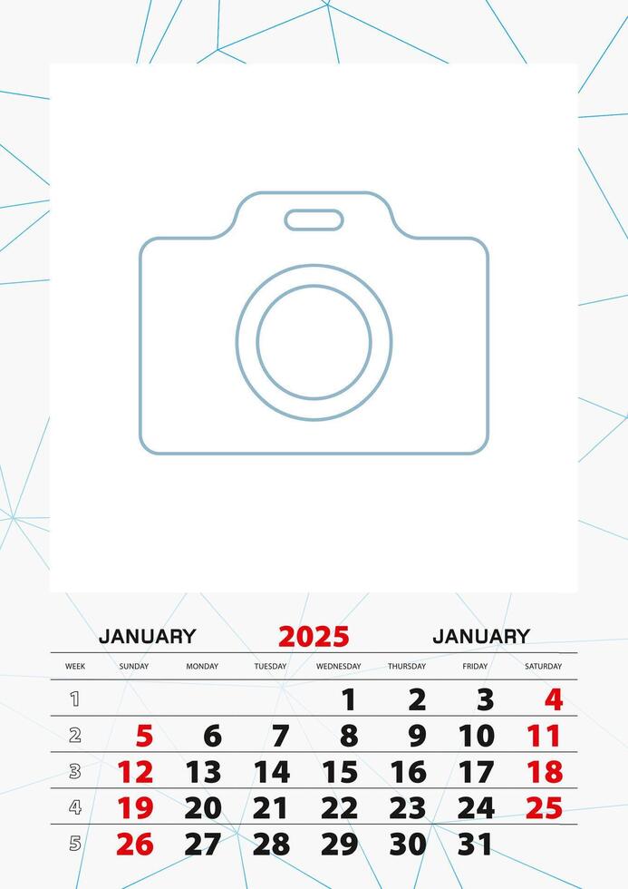 Wall calendar planner template for January 2025, week starts on sunday. vector