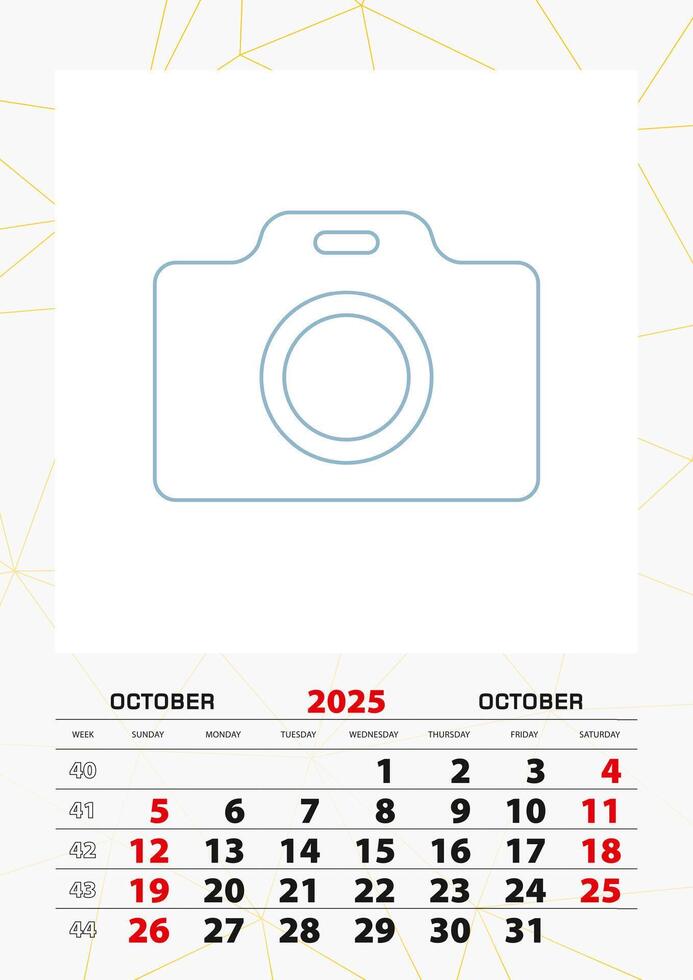 Wall calendar planner template for October 2025, week starts on sunday. vector