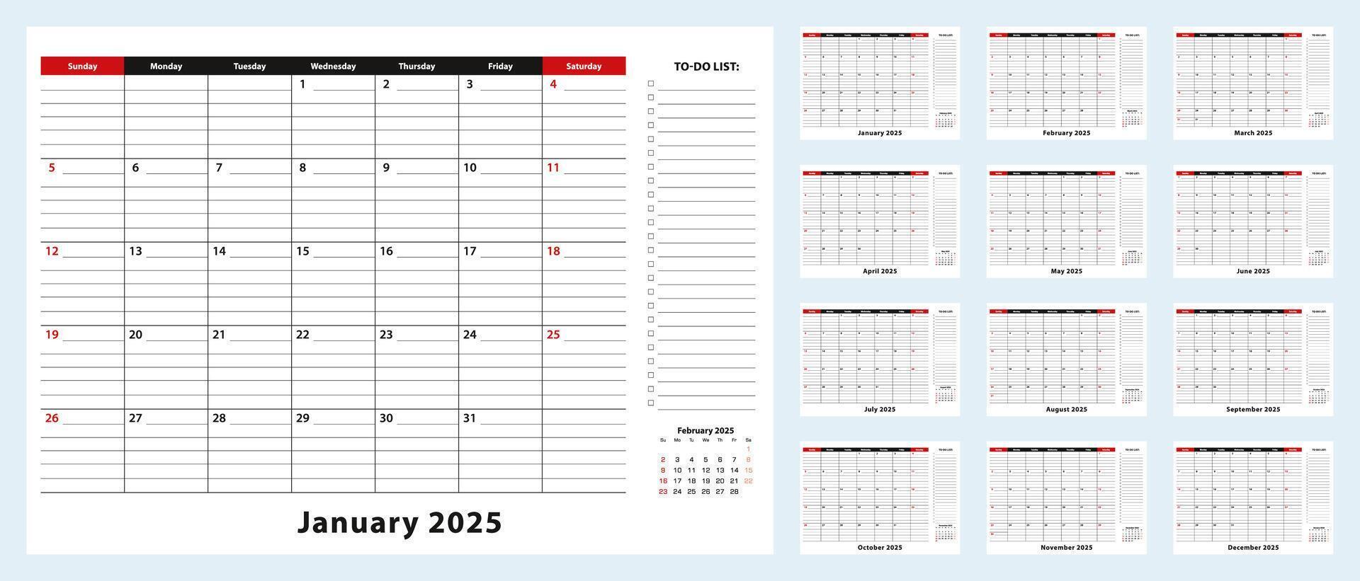 Monthly Desk Pad Calendar, January 2025 - December 2025. Calendar planner with to-do list and place for notes. vector