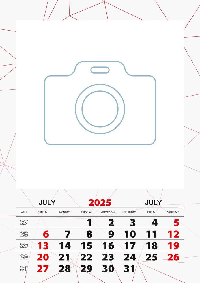 Wall calendar planner template for July 2025, week starts on sunday. vector