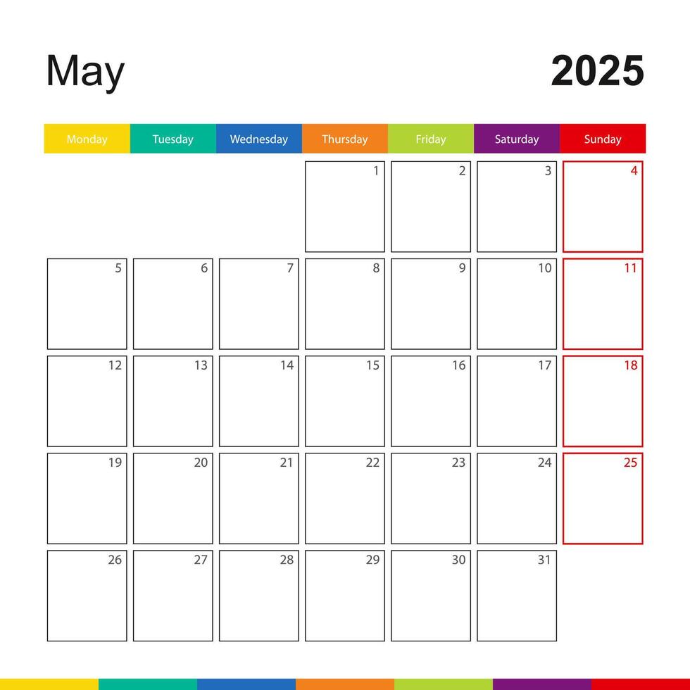 May 2025 colorful wall calendar, week starts on Monday. vector