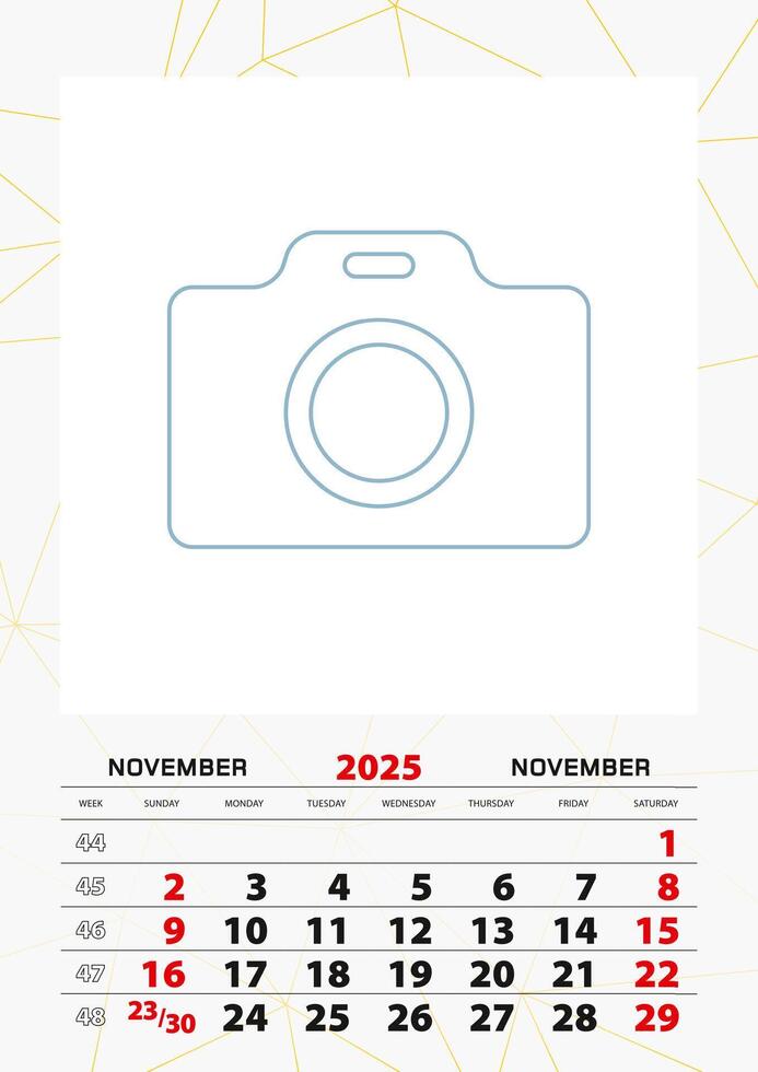 Wall calendar planner template for November 2025, week starts on sunday. vector