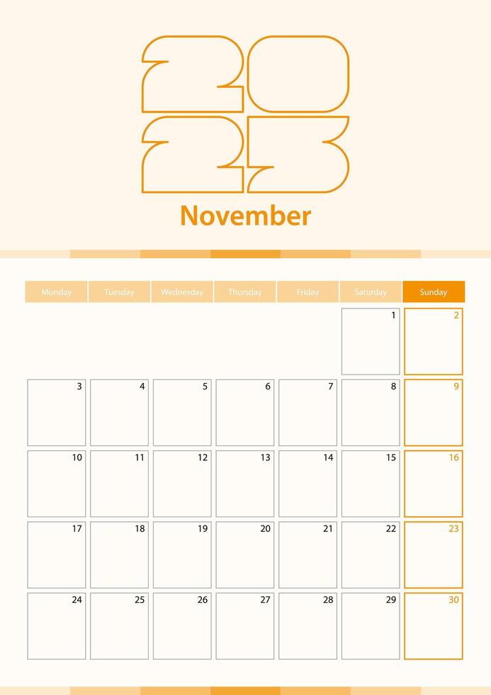 Modern vertical calendar sheet for November 2025, planner in English. vector