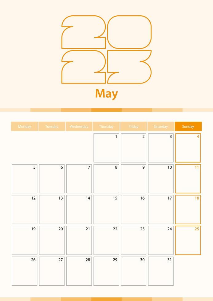 Modern vertical calendar sheet for May 2025, planner in English. vector