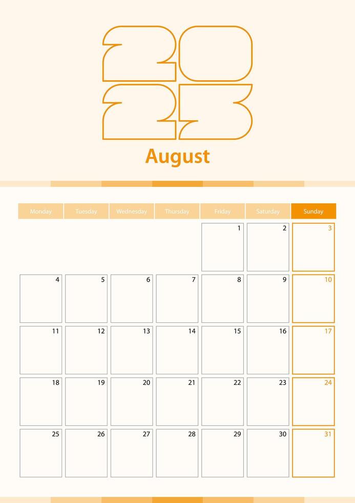 Modern vertical calendar sheet for August 2025, planner in English. vector