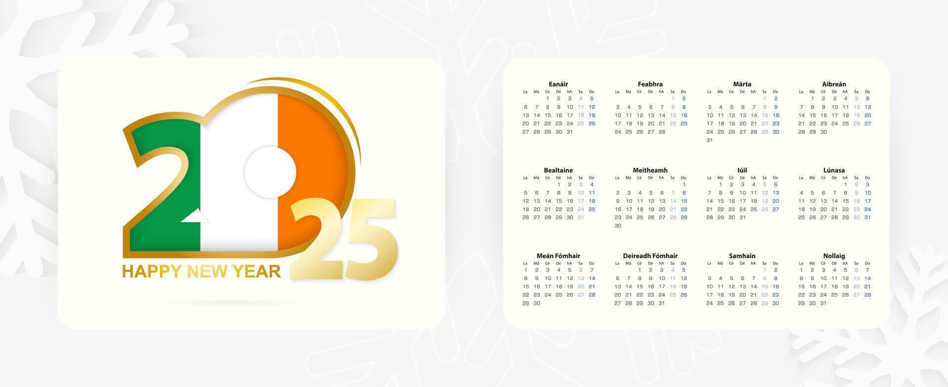 Horizontal Pocket Calendar 2025 in Irish language. New Year 2025 icon with flag of Ireland. vector