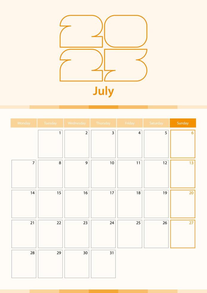 Modern vertical calendar sheet for July 2025, planner in English. vector