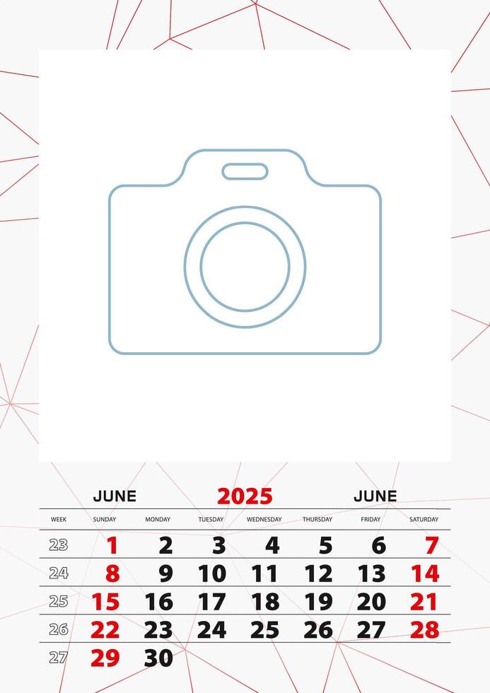 Wall calendar planner template for June 2025, week starts on sunday. vector