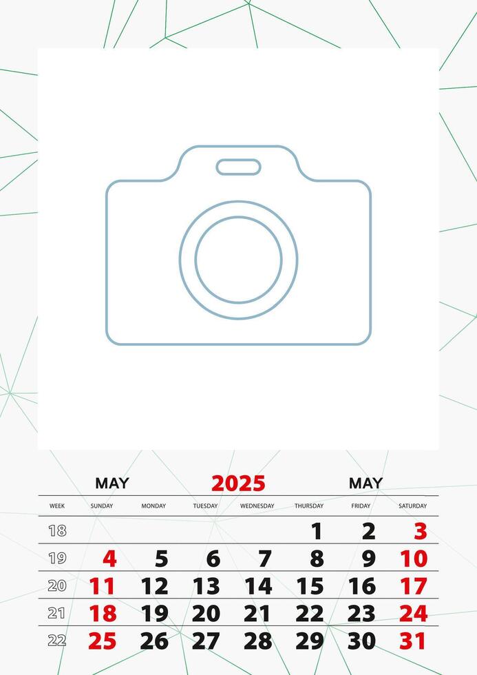 Wall calendar planner template for May 2025, week starts on sunday. vector