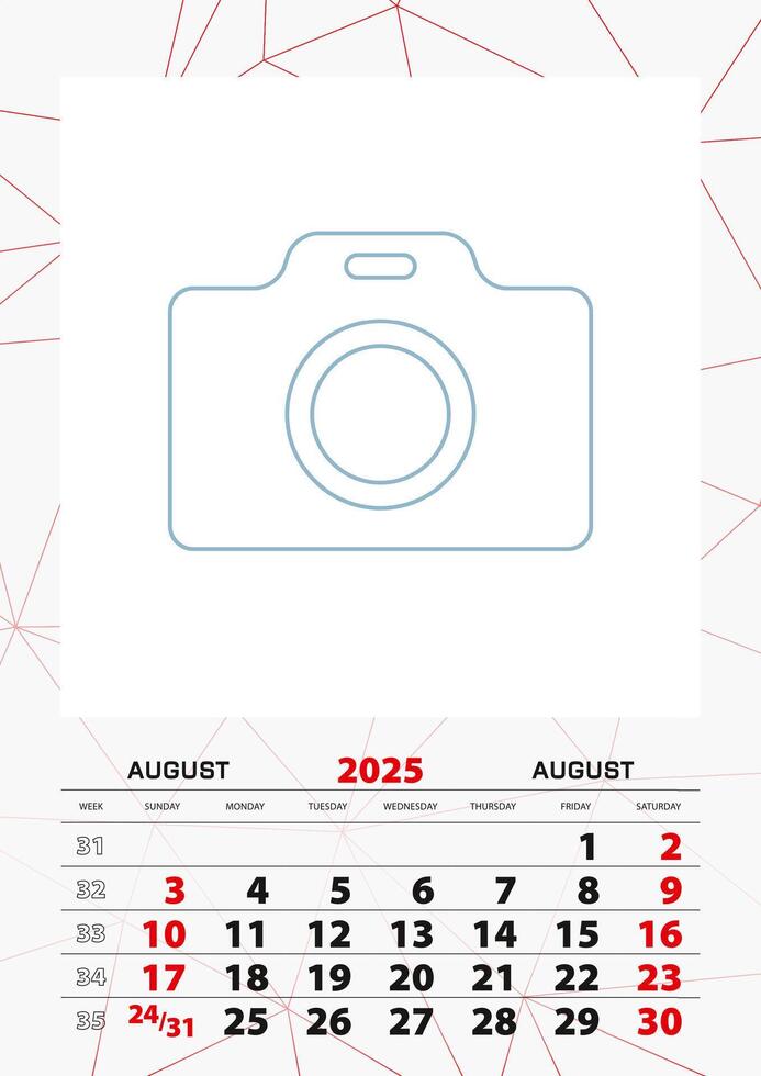 Wall calendar planner template for August 2025, week starts on sunday. vector