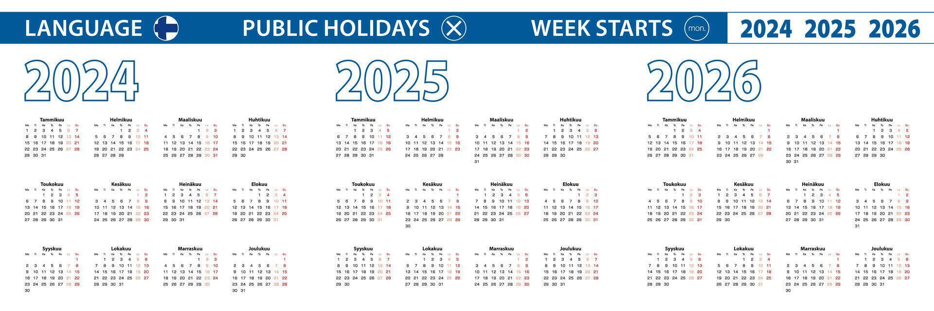 Simple calendar template in Finnish for 2024, 2025, 2026 years. Week starts from Monday. vector