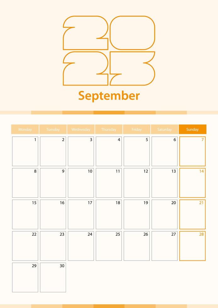 Modern vertical calendar sheet for September 2025, planner in English. vector