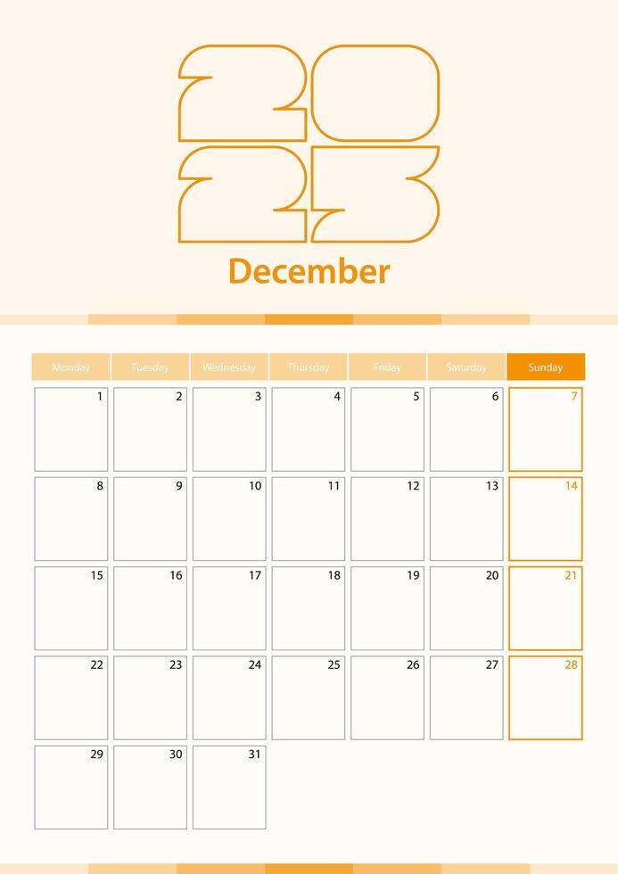 Modern vertical calendar sheet for December 2025, planner in English. vector
