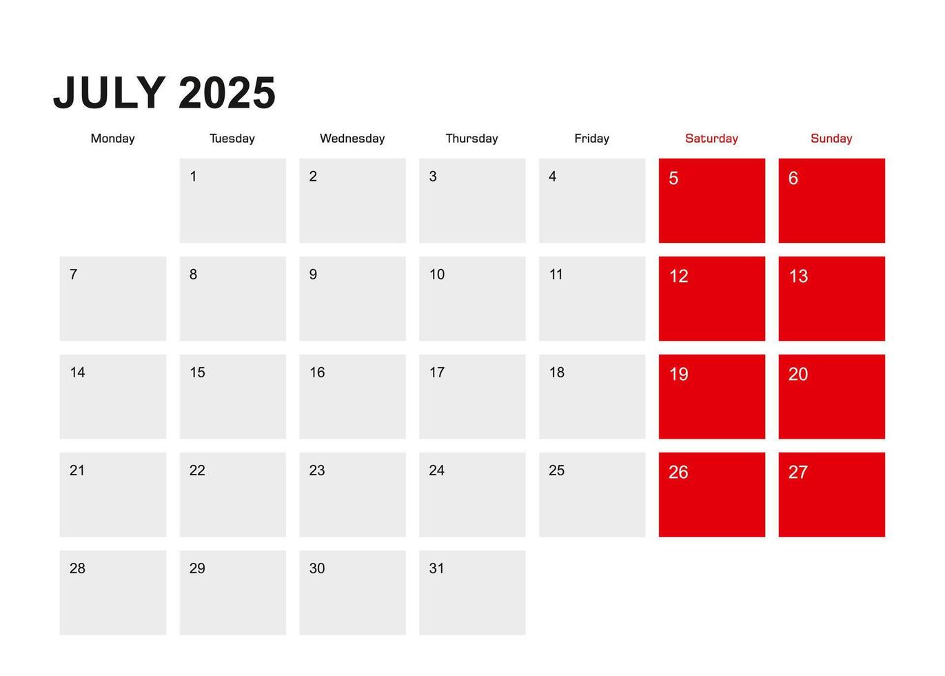 2025 July planner calendar design. Week starts from Monday. vector