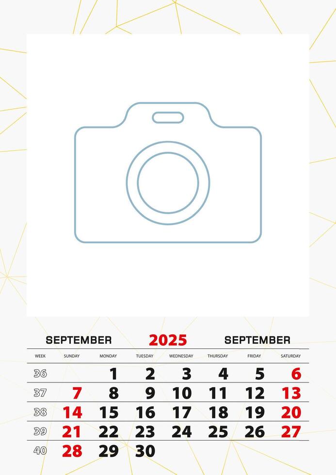 Wall calendar planner template for September 2025, week starts on sunday. vector