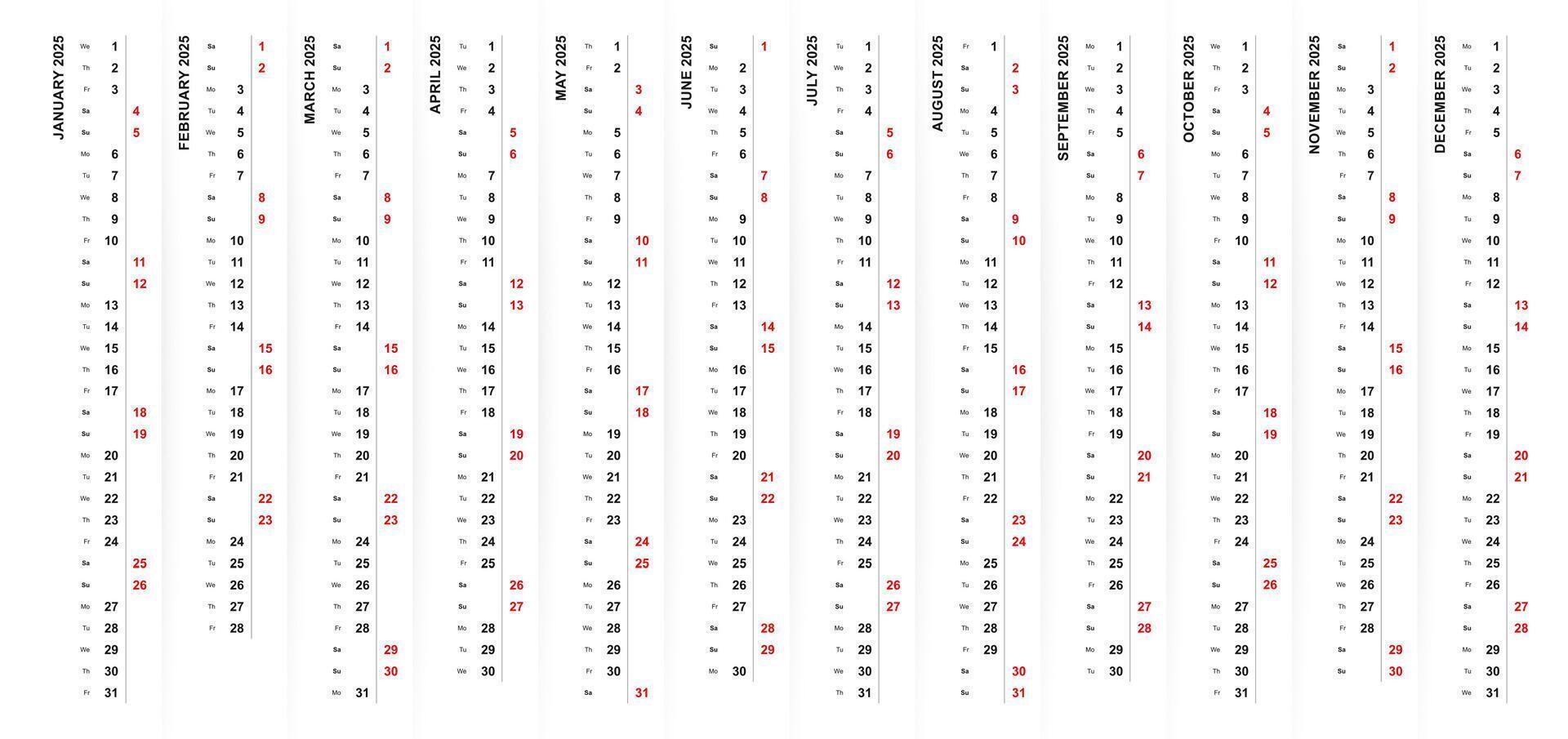2025 vertical calendar design, Saturday and Sunday selected in different color and row. vector