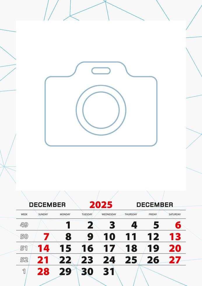 Wall calendar planner template for December 2025, week starts on sunday. vector