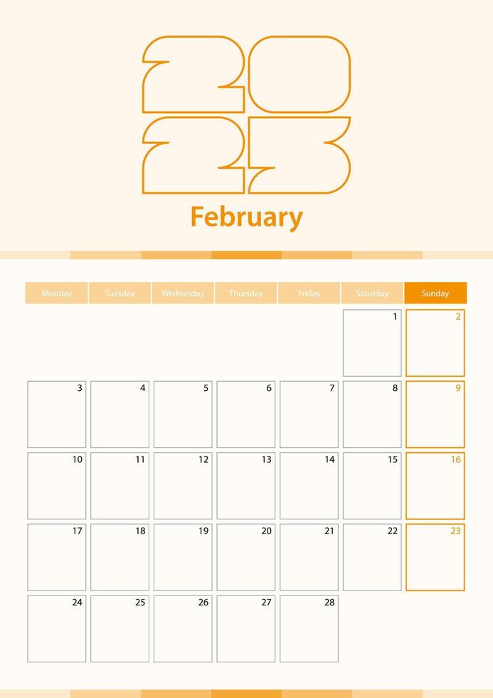 Modern vertical calendar sheet for February 2025, planner in English. vector