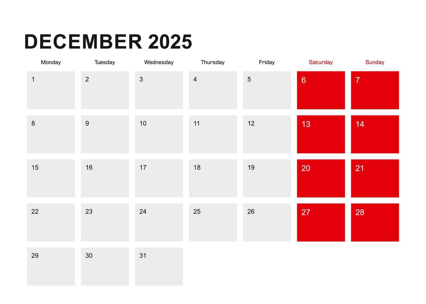 2025 December planner calendar design. Week starts from Monday. vector