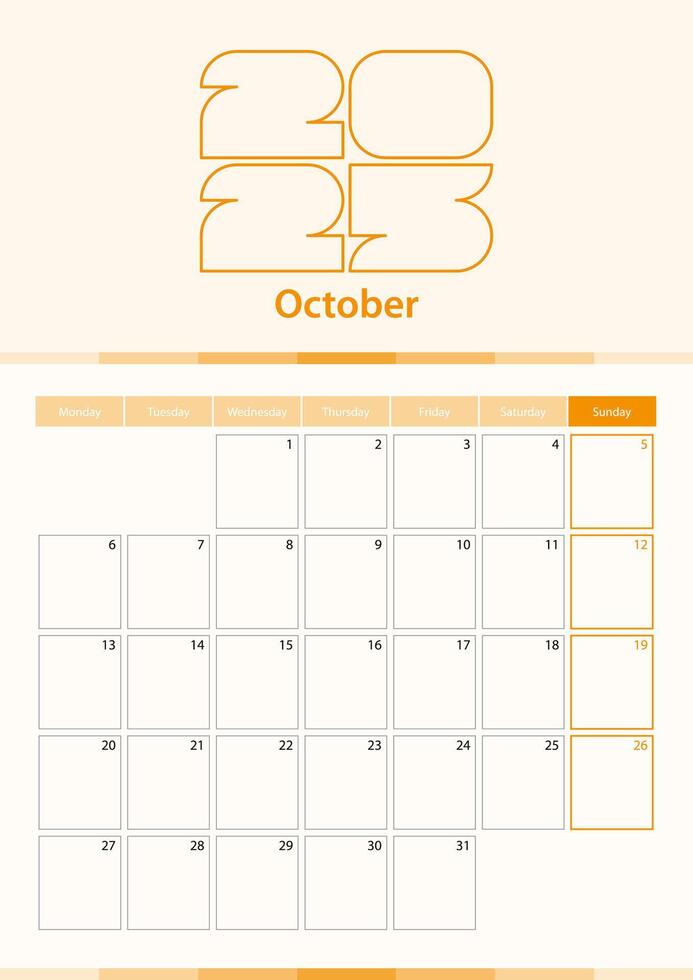 Modern vertical calendar sheet for October 2025, planner in English. vector