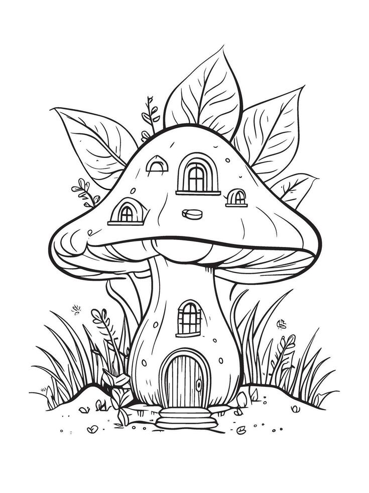 A doodle house is in the form of a mushroom with windows and a door. Surrounded by flowers. Coloring book for girls and boys fairytale mushroom house vector