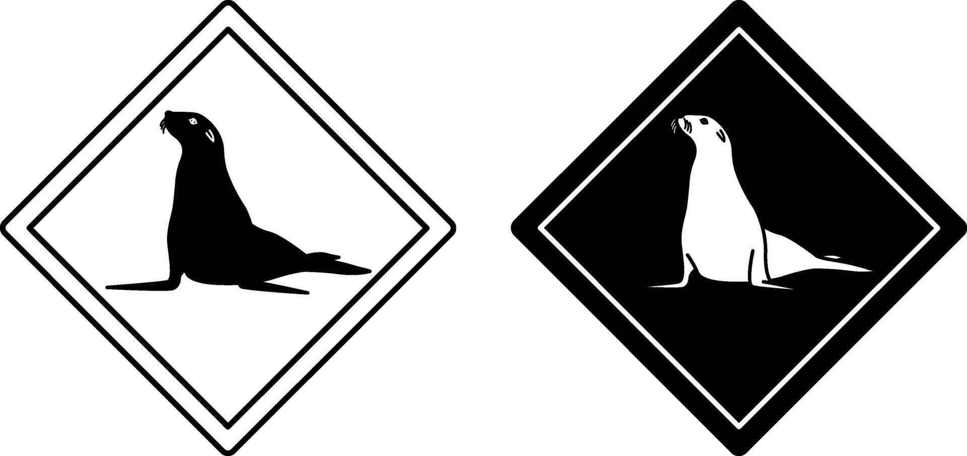Seal Road Signs. Black and White Icons. Road Sign Warning Animals Crossing the Road. Zoo Sticker vector