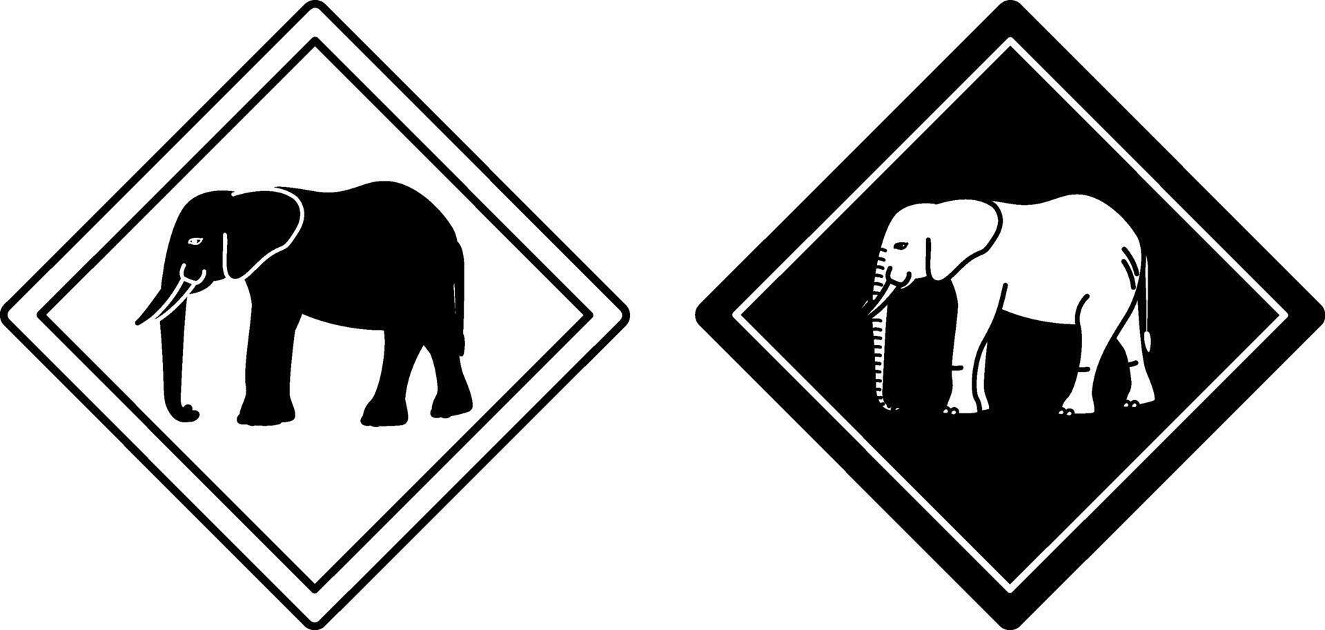 Elephant Road Signs. Black and White Icons. Road Sign Warning about Crossing the Road by Animals. Sticker for Zoo vector