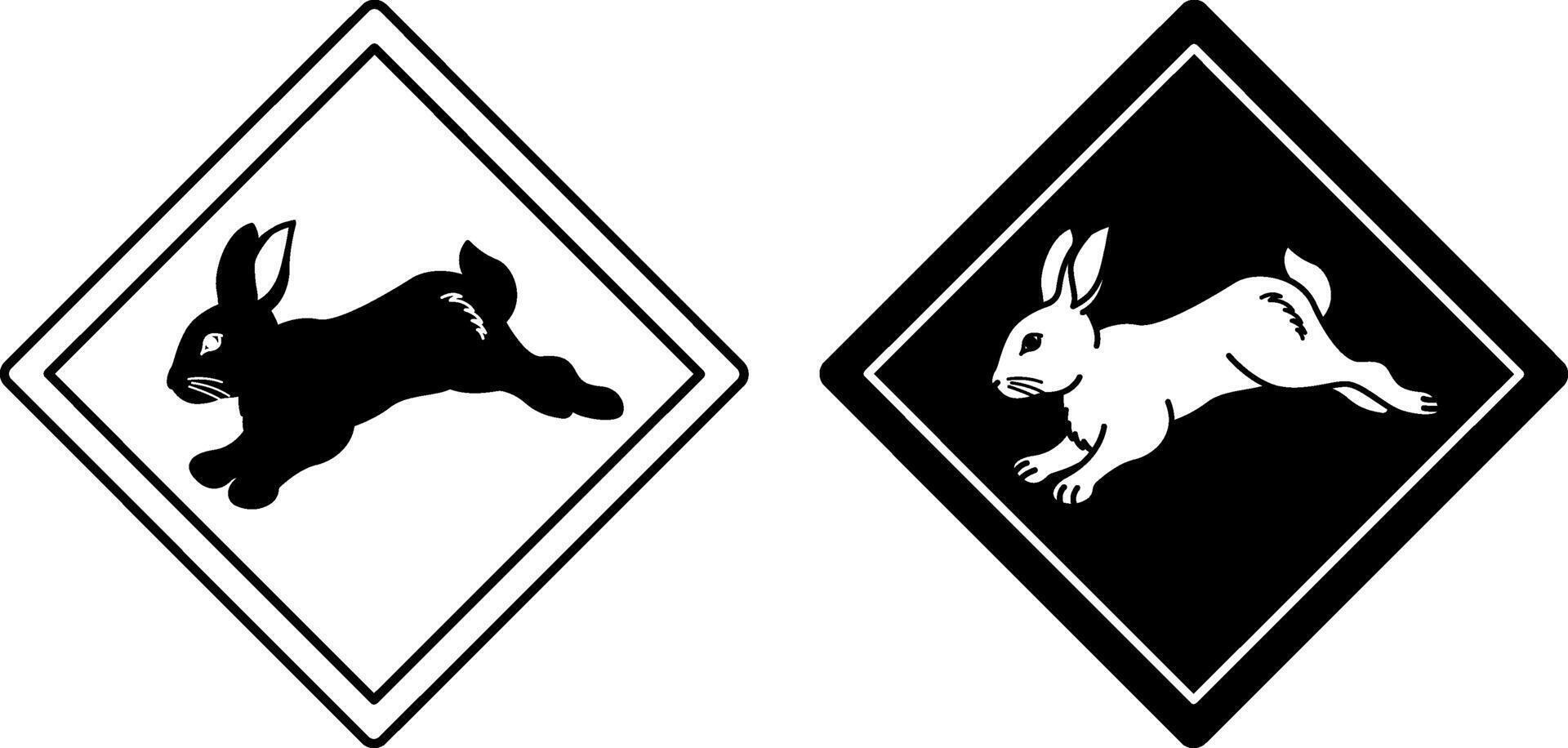 Rabbit Road Signs. Black and White Icons. Hare. Road Sign Warning about Crossing the Road by Animals. Sticker for Zoo vector