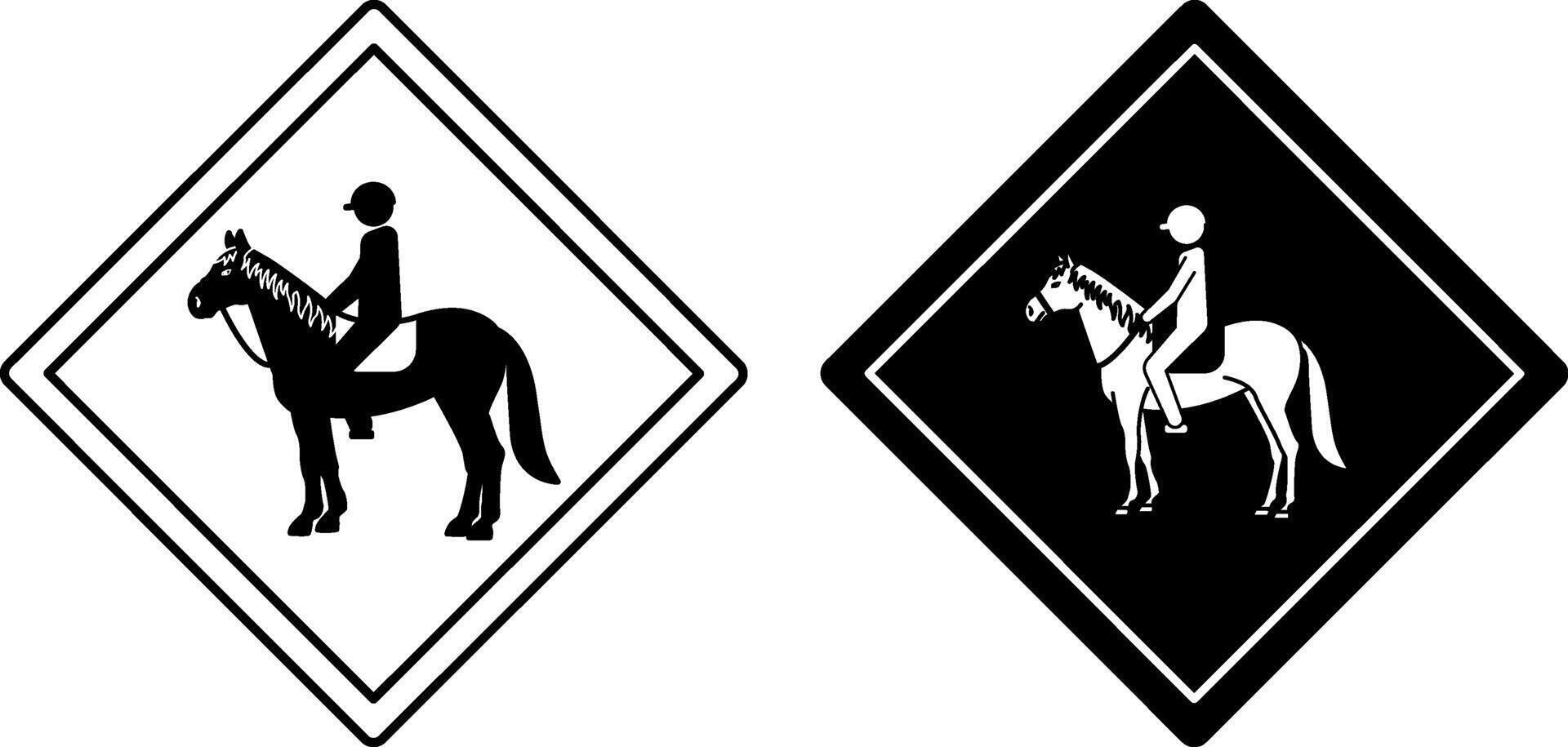 Horse Rider Road Signs. Black and White Icons. Road Sign Warning about Crossing the Road Race Horse with Jockey. Sticker vector