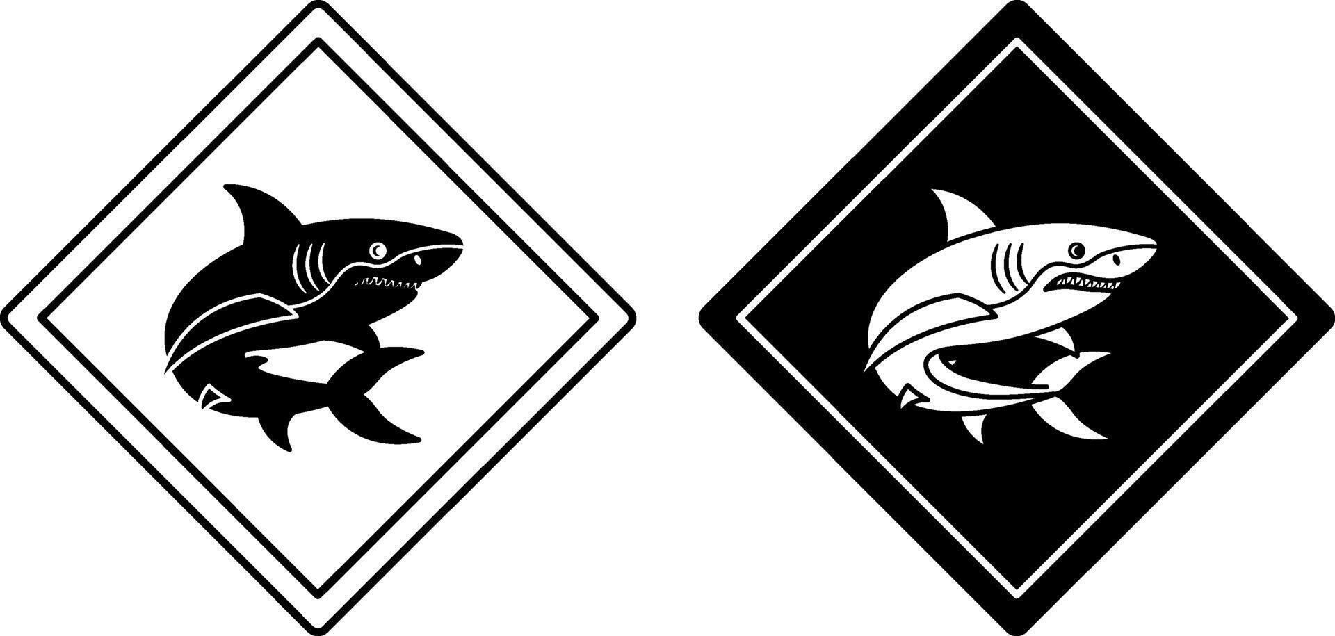 Shark Road Signs. Black and White Icons. Fish, Predator. Road Sign Warning About Shark. Zoo Sticker vector