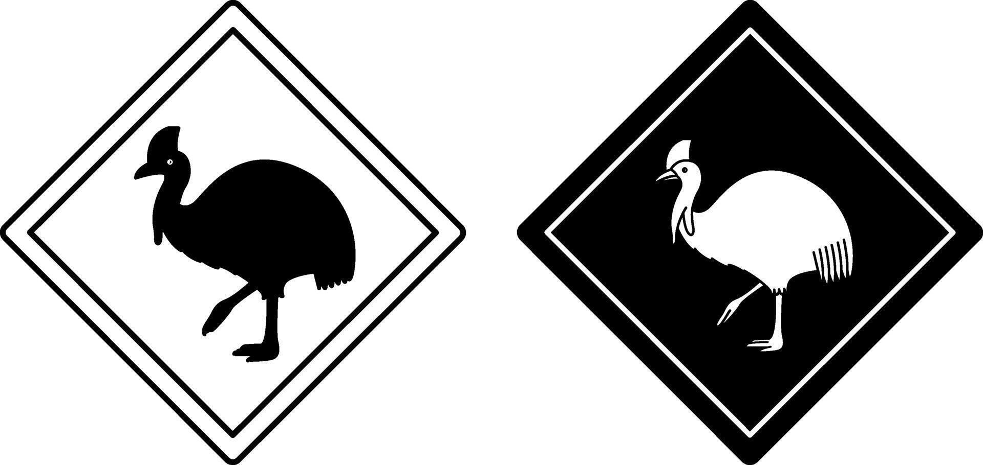 Cassowary Road Signs. Black and White Icons. Bird. Road Sign Warning about Animal Crossing. Zoo Sticker vector