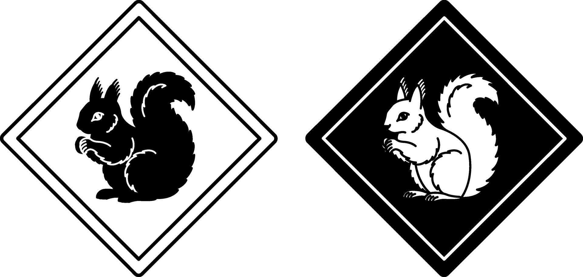Squirrel Road Signs. Black and White Icons. Road Sign Warning about Crossing the Road by Animals. Sticker for Zoo vector