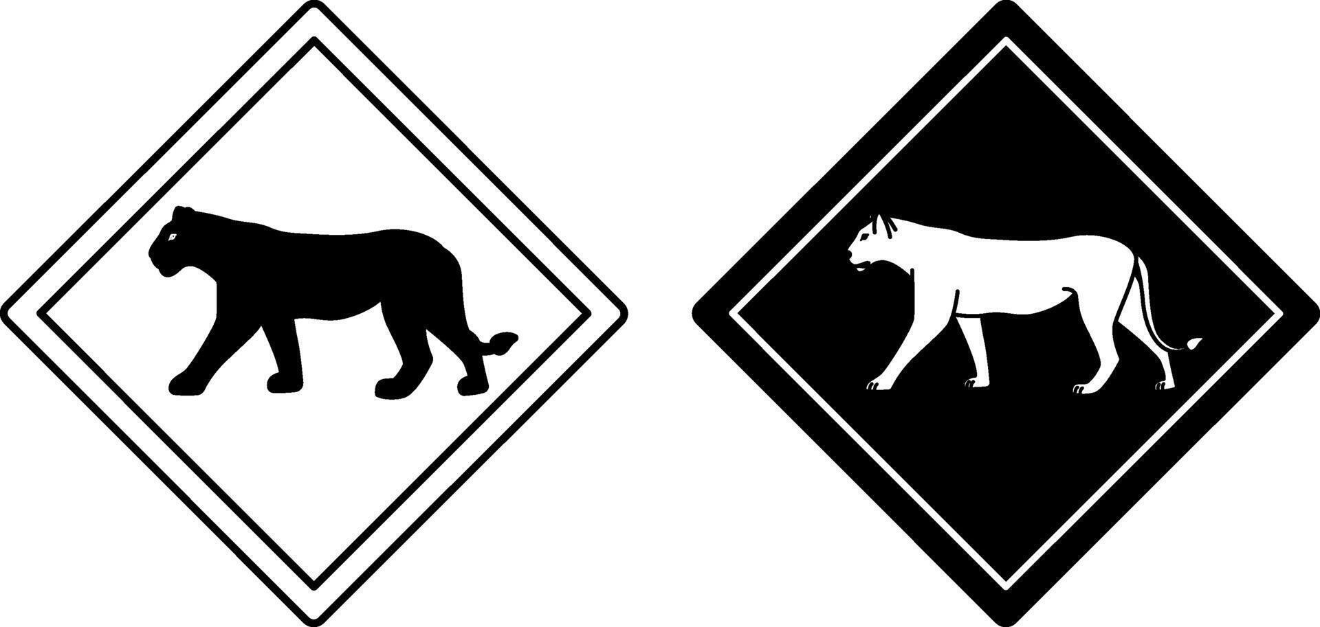 Puma Road Signs. Black and White Icons. Wild Cat. Road Sign Warning Animals Crossing Road. Zoo Sticker vector