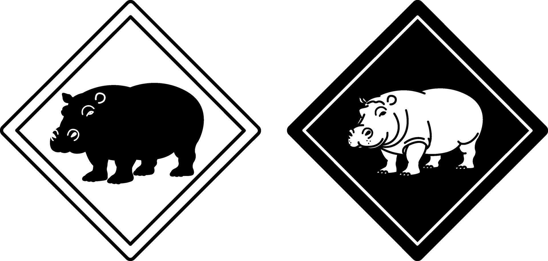 Hippopotamus Road Signs. Black and White Icons. Hippopotamus. Road Sign Warning about Crossing the Road by Animals. Sticker for Zoo vector