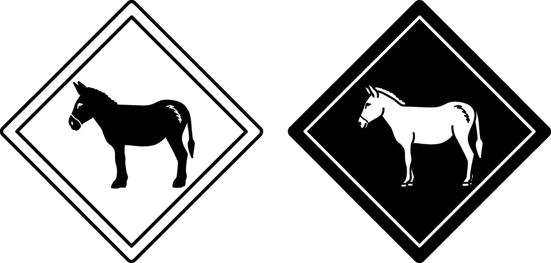 Donkey Road Signs. Black and White Icons. Road Sign Warning about Crossing the Road by Animals. Sticker for Zoo vector