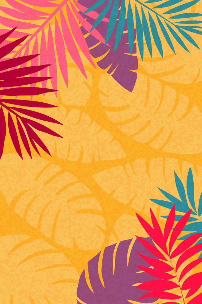 Layout for bright summer posters with tropical leaves. vector