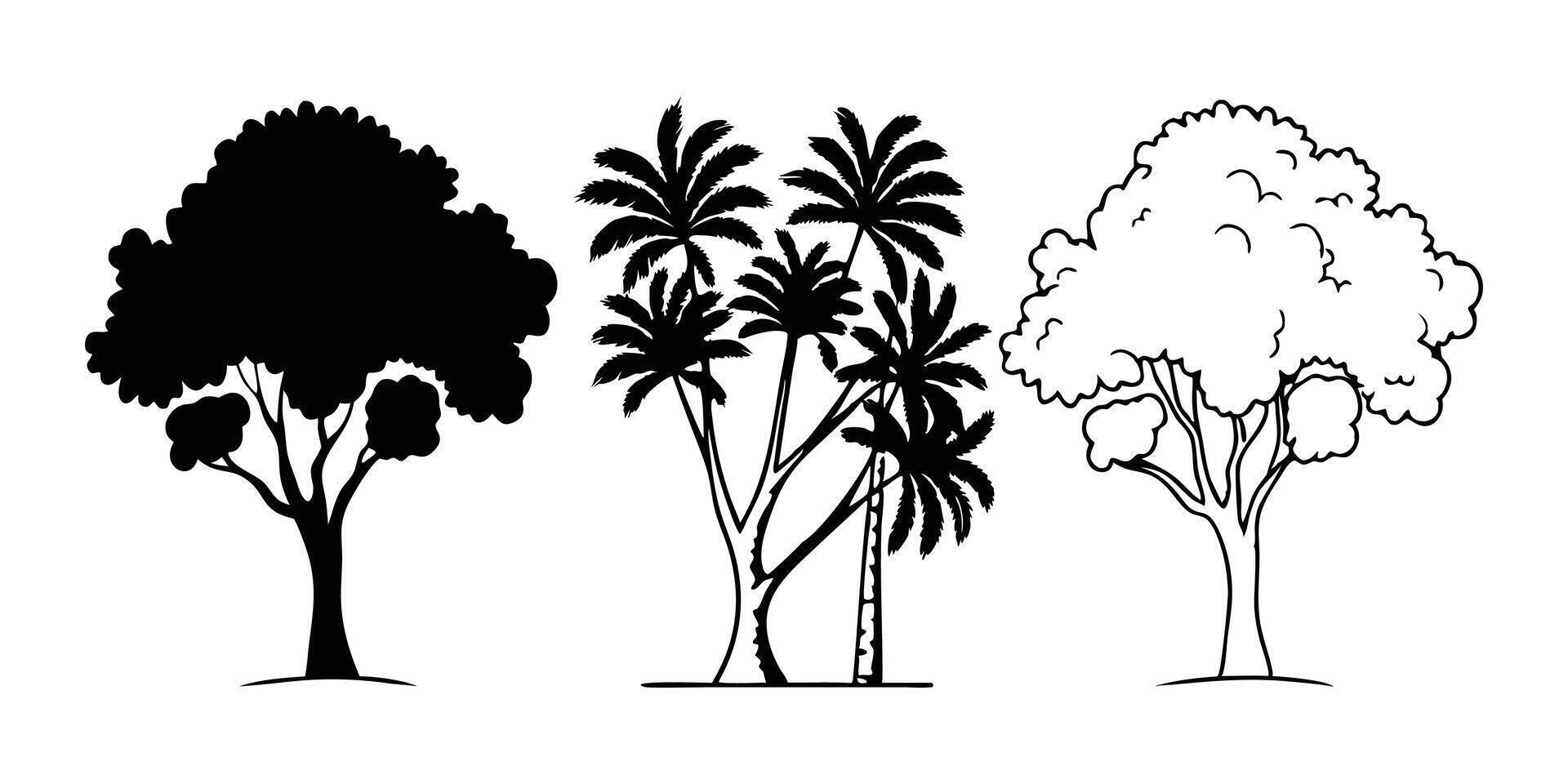 Silhouette Tree Line Drawing Set vector